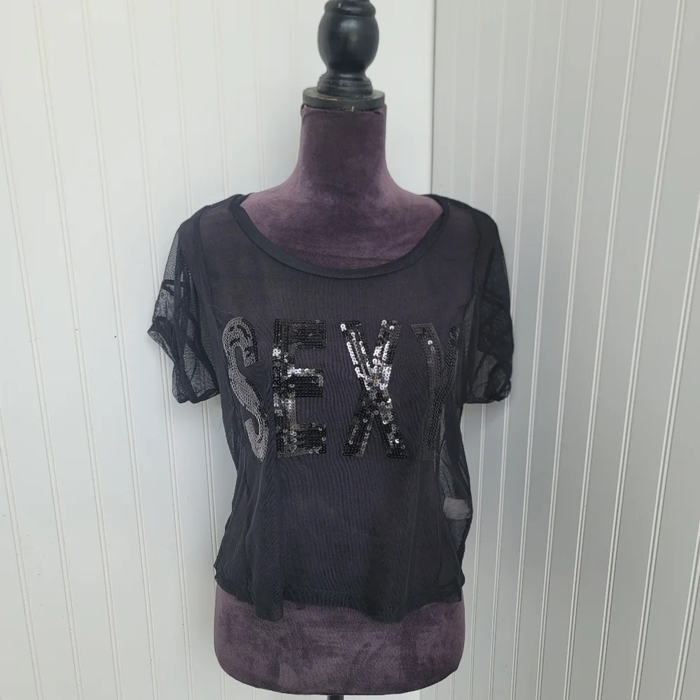 SANS SOUCI Sexy SEQUIN Black Net PARTY COCKTAIL WOMEN'S Sheer Cropped Top Sz S